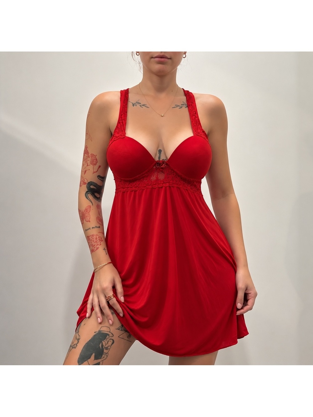 Red Lace Open Back Babydoll Slip Dress
